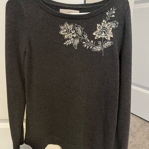 LOFT Gray and White Crew Neck Sweater with Floral Embroidery